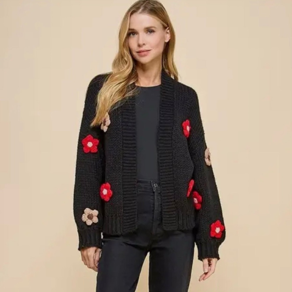 Floral Appliqué Open Front Knit Cardigan - Picture 2 of 11